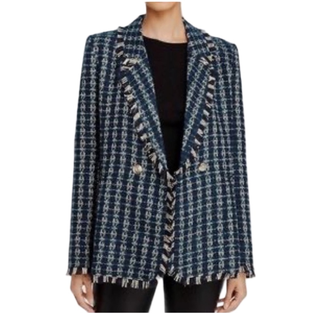 Aqua Bloomingdale’s Tweed Blazer Double Breasted Oversized Fringe Edges Size XS